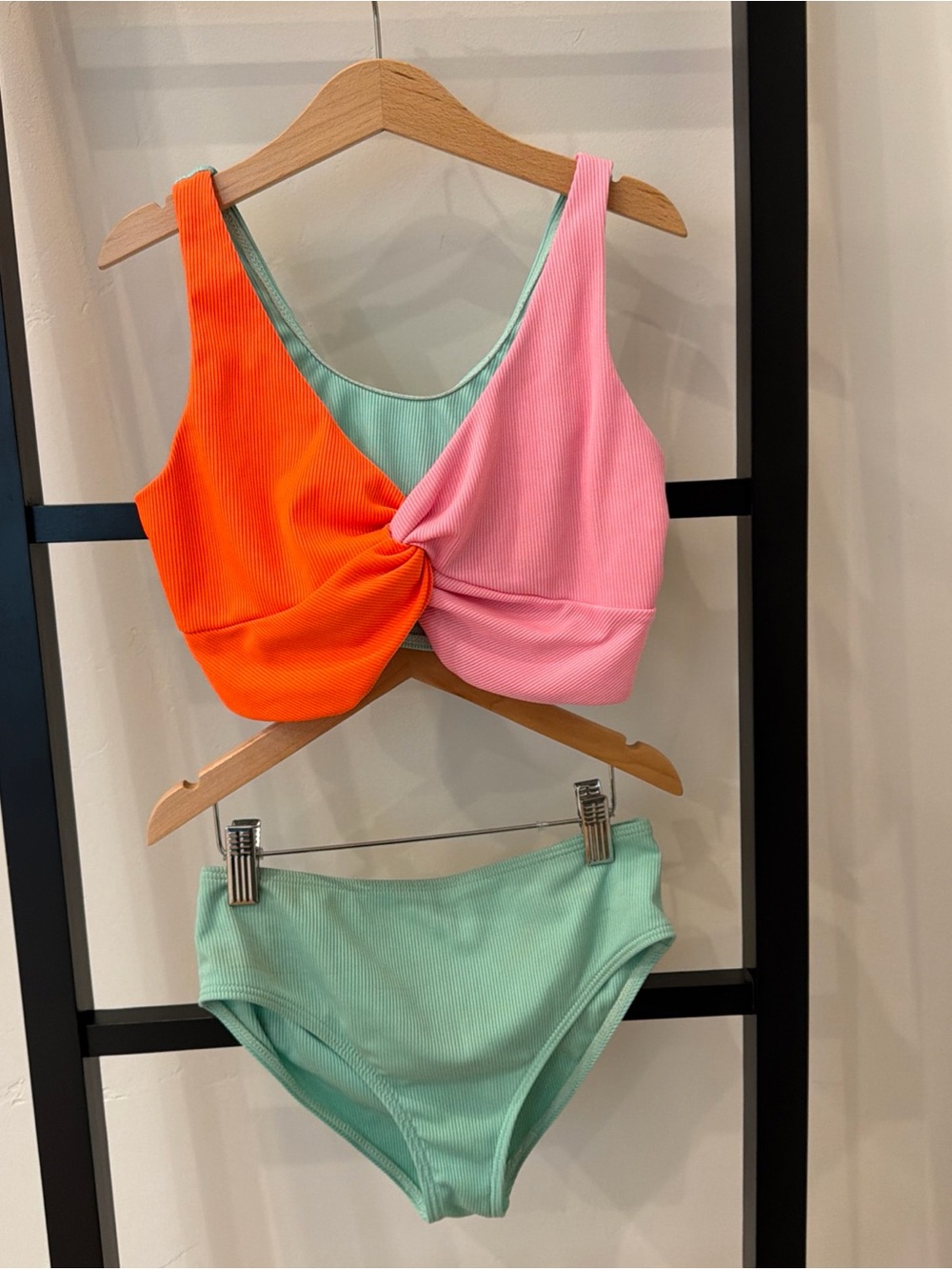 SHEIN Colorblock Orange Pink Mint Twist Kids Bikini